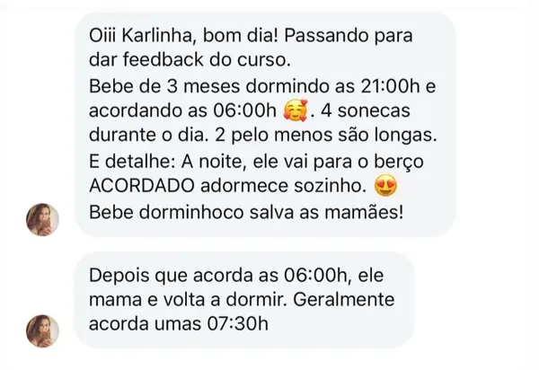 Depoimento de mãe cujo bebê de três meses passou a dormir das 21h às 6h e adormecer sozinho