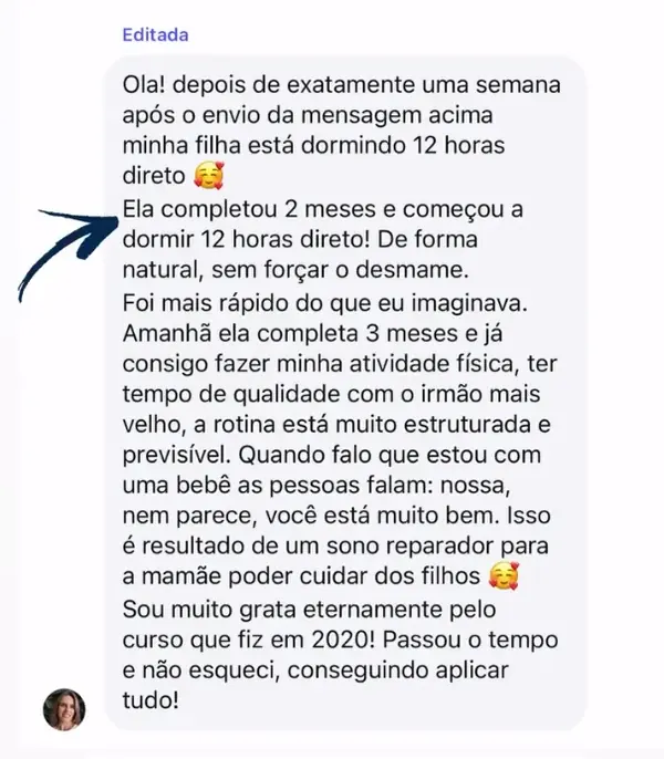 Depoimento de mãe que relata doze horas de sono direto e uma rotina mais estruturada