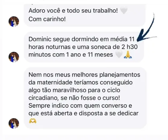 Depoimento sobre criança dormindo em média onze horas por noite e fazendo uma soneca longa